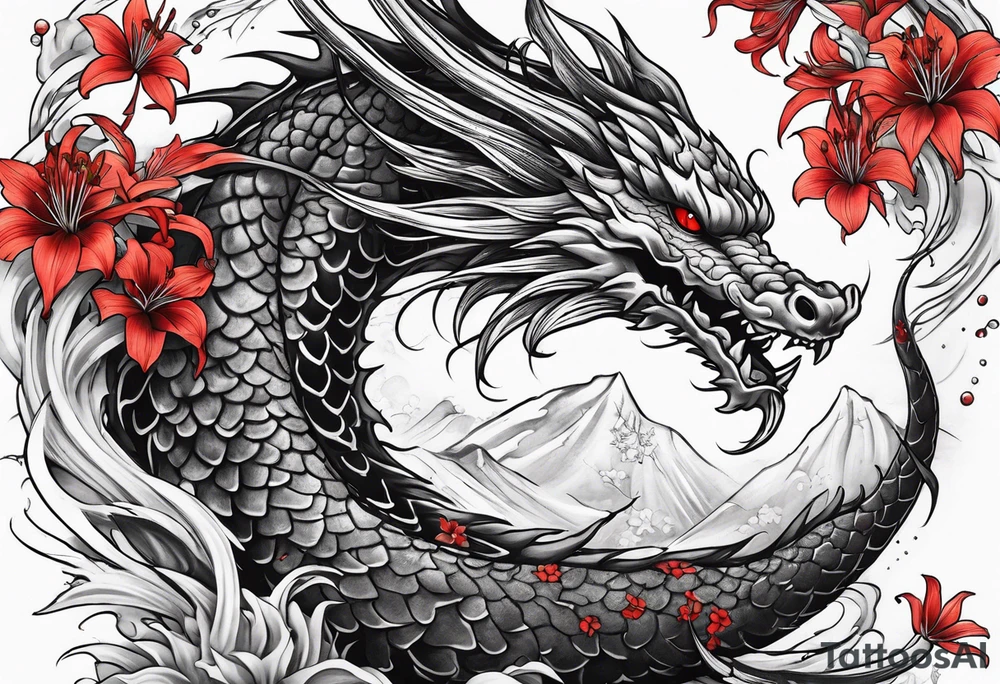 full Dragon with red Spider lilies surrounding it tattoo idea