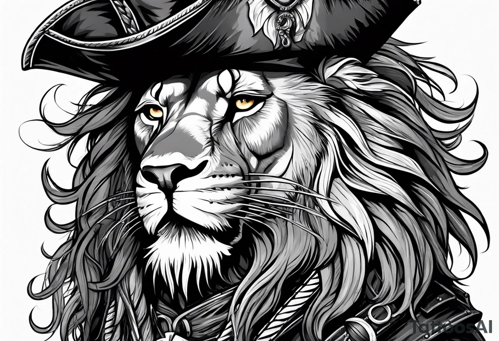 Pirate lion wearing jacket, sword and pistol, nautical steampunk theme. dreadlocks. pirate vessel tattoo idea