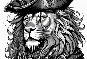 Pirate lion wearing jacket, sword and pistol, nautical steampunk theme. dreadlocks. pirate vessel tattoo idea