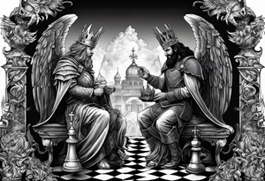 Illustrate a powerful scene where the angelic king checkmates the demonic king, symbolizing the triumph of good over evil in the strategic game of life. tattoo idea