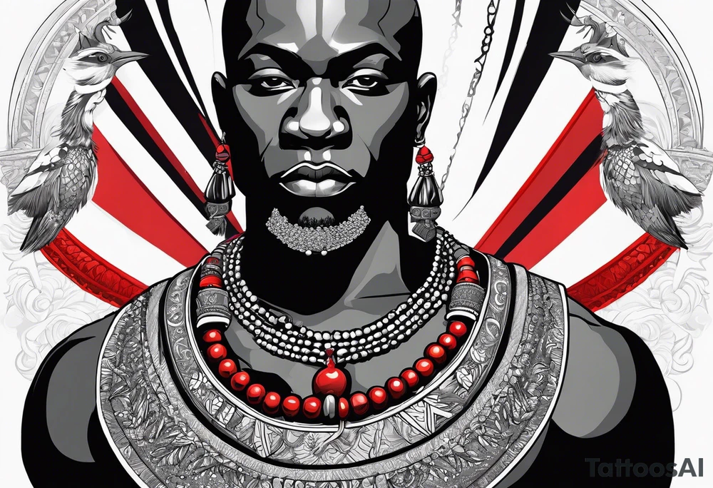 Black-skinned bald african warrior. He is a god of the war. Wears a simple red necklace and a silver crown tattoo idea