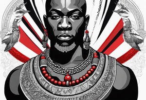 Black-skinned bald african warrior. He is a god of the war. Wears a simple red necklace and a silver crown tattoo idea