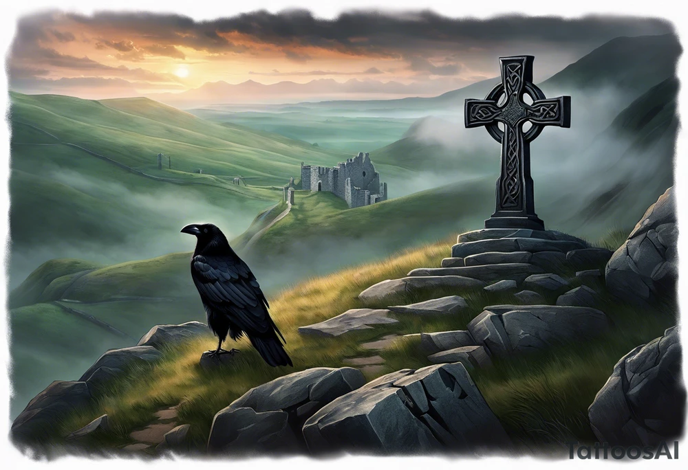 A stone Celtic cross solemnly standing atop a hill, a raven perches atop the cross staring out over the desolation. A ruined stone wall lies crumbling near the cross. Mist rolls along the hilltops adding to the melancholic nature of the scene tattoo idea