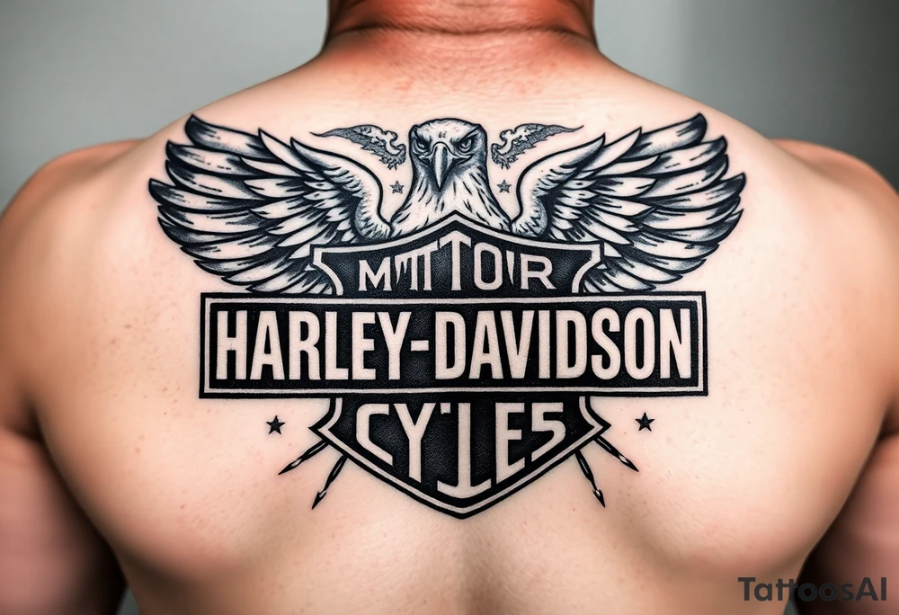 Harley Davidson logo with bald eagle American flag background shaded in tattoo idea