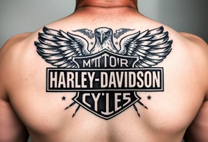 Harley Davidson logo with bald eagle American flag background shaded in tattoo idea