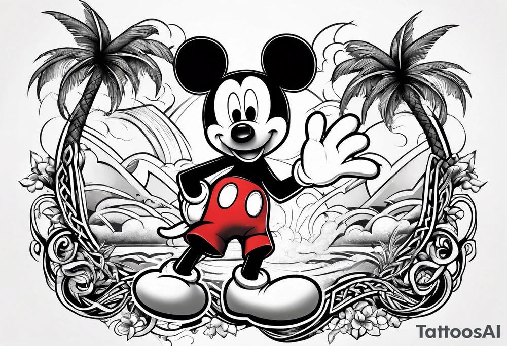 mickey mouse doing martial arts with palm trees, lightning storm and the celtic symbol for family tattoo idea