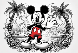 mickey mouse doing martial arts with palm trees, lightning storm and the celtic symbol for family tattoo idea