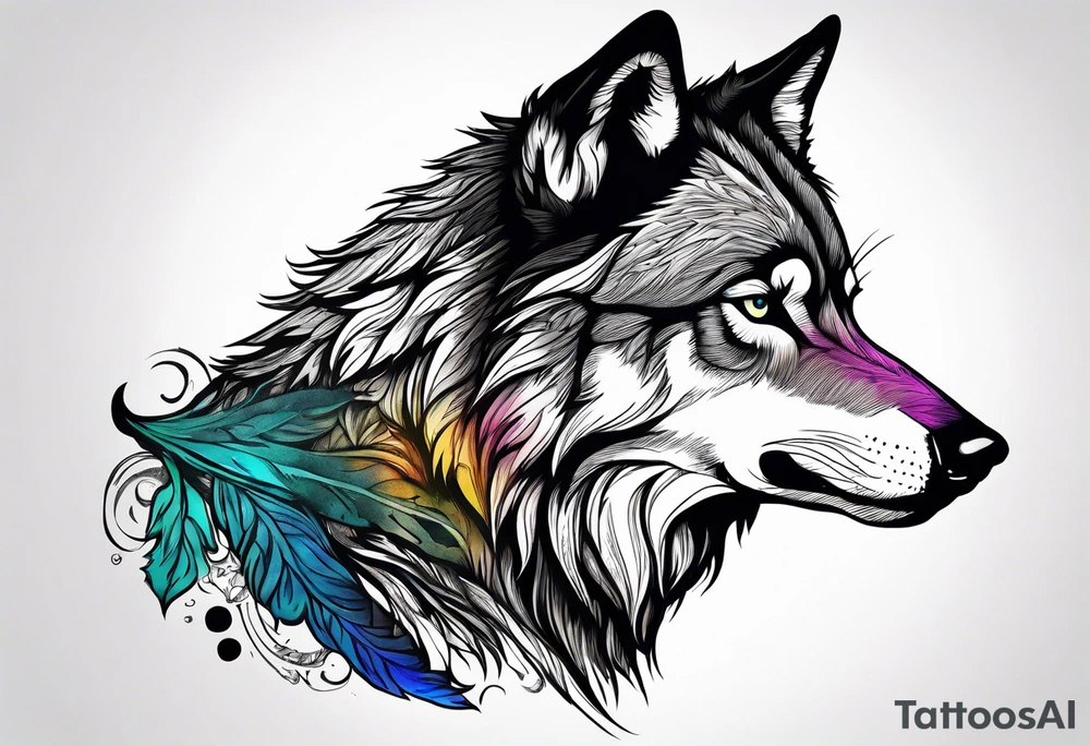a colorful realistic wolf with a Raven tattoo idea