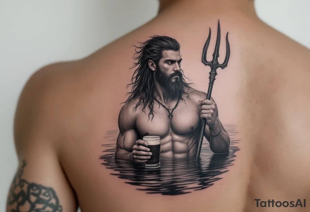 young, fit poseidon in calm water, holding a trident, holding a beer, looking at the beer tattoo idea