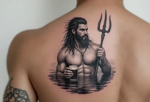 young, fit poseidon in calm water, holding a trident, holding a beer, looking at the beer tattoo idea