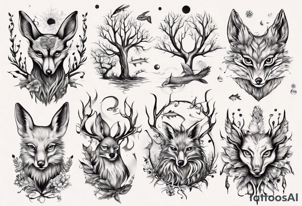 sonne, eule  wald, fuchs 
baum, sapere aude, Wasser, fisch tattoo idea