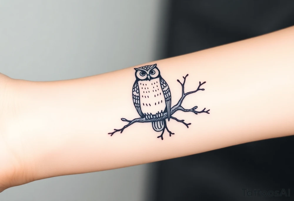 wise owl perched on ancient oak branch under starlit sky tattoo idea