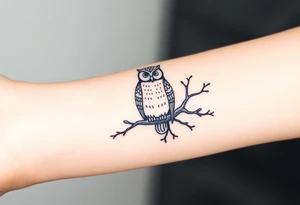 wise owl perched on ancient oak branch under starlit sky tattoo idea
