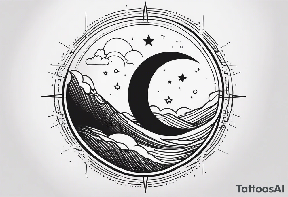Sun and crescent moon with vintage line along with yin yang. Long on forearm tattoo idea