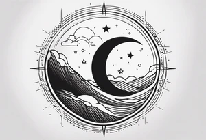 Sun and crescent moon with vintage line along with yin yang. Long on forearm tattoo idea
