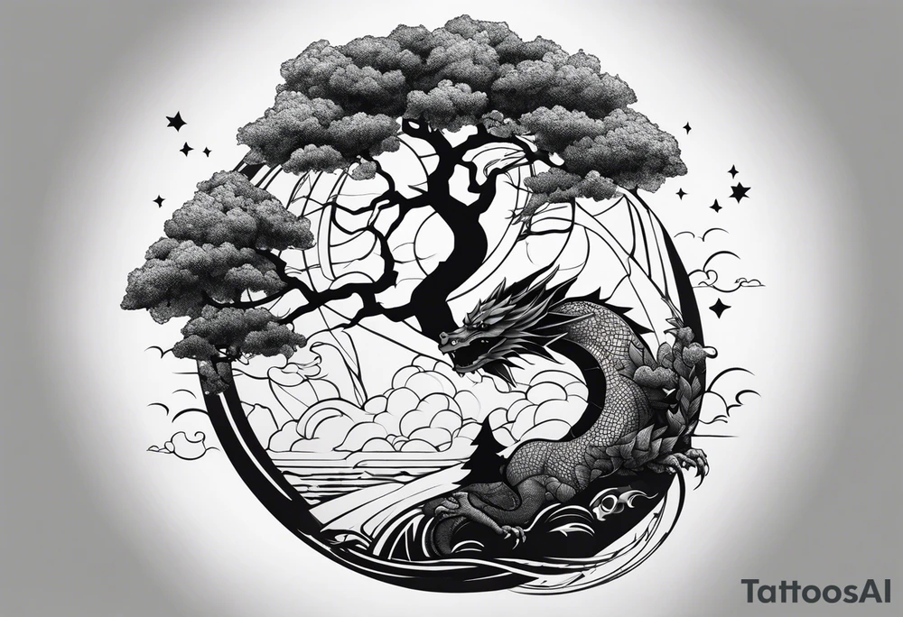 Half sleeve forearm tattoo. Representing the hero’s journey. Haku the dragon, a tree, clouds, a broken sword, the sun and moon tattoo idea