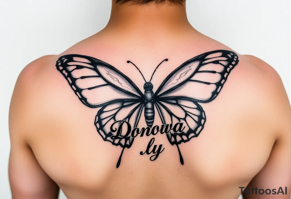 Butterfly wings shaped into the names Damani and Donovan and the body of the Butterfly shaped into the name Dalyla tattoo idea