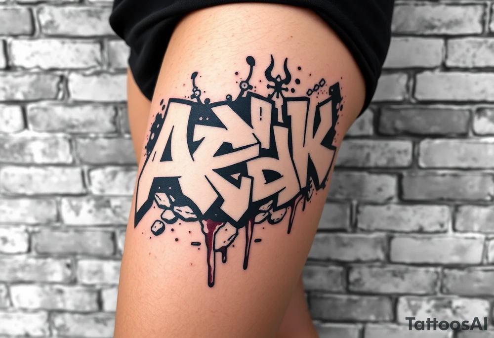 Graffiti style tattoo FULL thigh Using brick wall as a background and then graffiti Over the top, I do not want a lot of color so just primarily black white and gray with a little bit of red tattoo idea