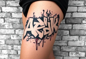 Graffiti style tattoo FULL thigh Using brick wall as a background and then graffiti Over the top, I do not want a lot of color so just primarily black white and gray with a little bit of red tattoo idea