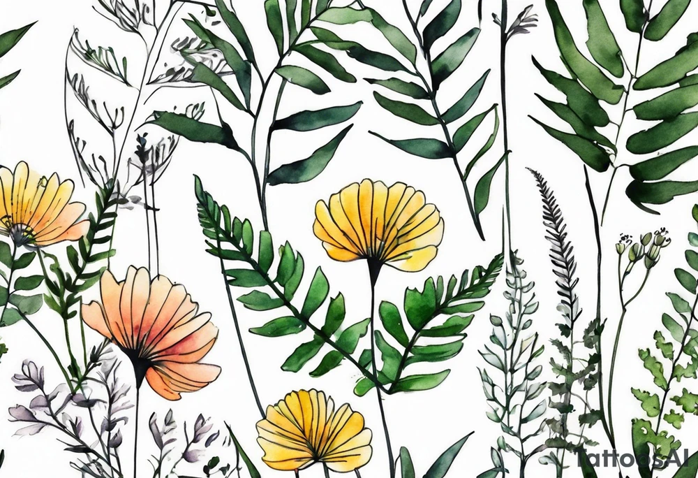 wild flowers long stems bouquet with ferns all watercolor tattoo idea