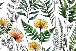 wild flowers long stems bouquet with ferns all watercolor tattoo idea