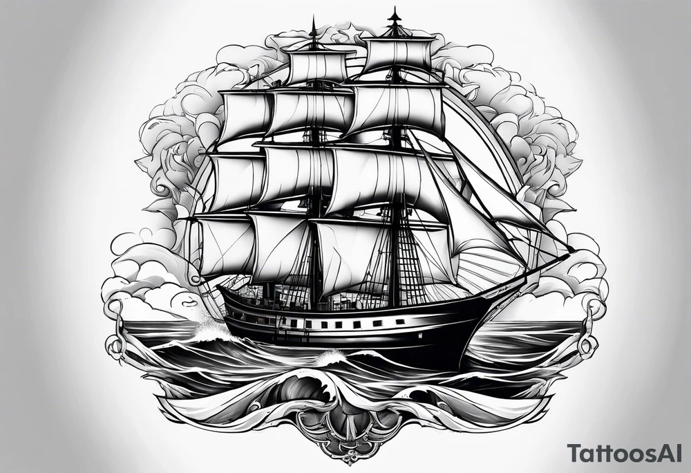 ghost marine lighthouse behind the bow of a sailboat. tattoo idea