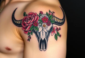 Buffalo or bison skull with flowers. Peony, snowdrop, holly with berries, larkspur, peony. Colour. For upper arm or shoulder. Masculin. tattoo idea