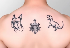 2 bulldogs with 2 dachunds with a paw print, a cross with roses, and a dinosaur tattoo idea