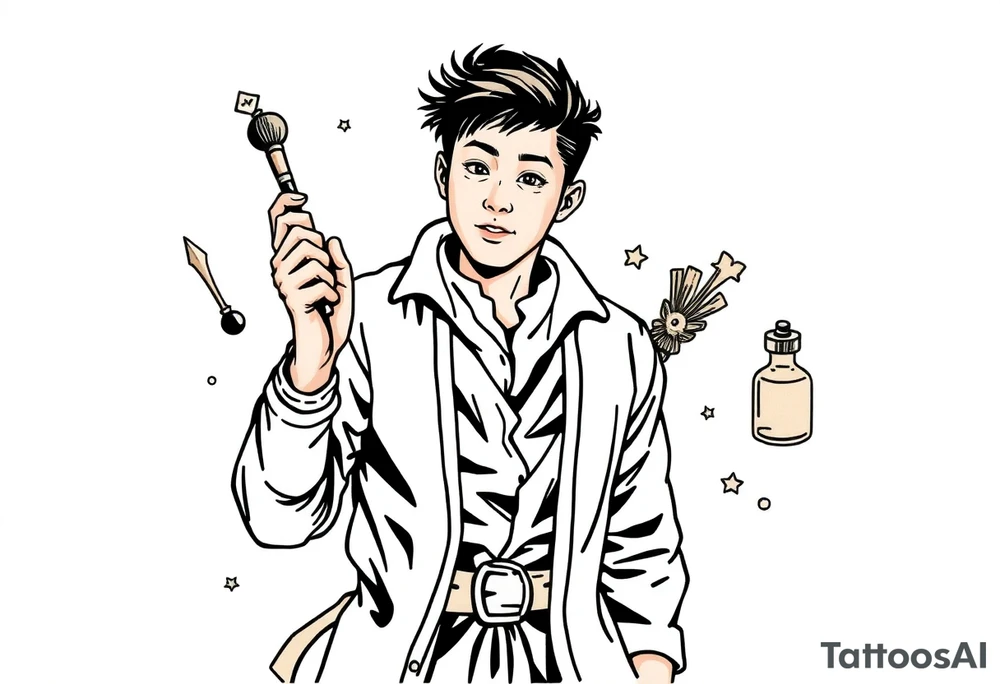 Handsome Asian young adult guy is  accidentally stumbled upon witch tools, supplies, artifacts, potions and exploring it curiously tattoo idea
