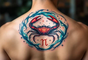 The Cancer zodiac sign in bold red sits at the heart of a swirling indigo and emerald star constellation. tattoo idea
