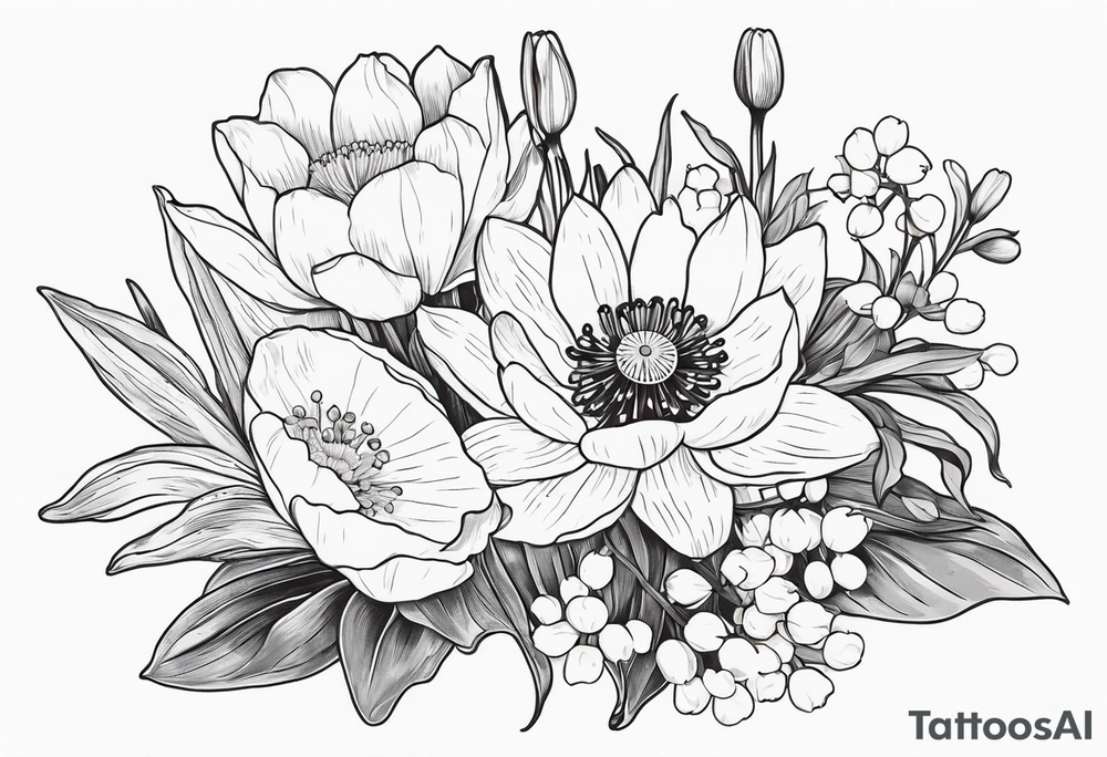 Poppy, water lily, Lily of the valley, daffodil, cosmo flower bouquet, portrait style tattoo idea