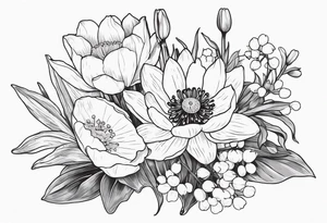 Poppy, water lily, Lily of the valley, daffodil, cosmo flower bouquet, portrait style tattoo idea