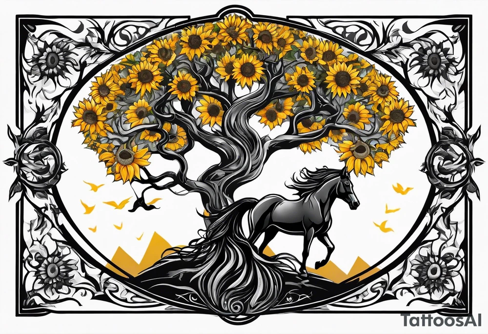 Yggdrasil tree, horse, sunflower tattoo idea