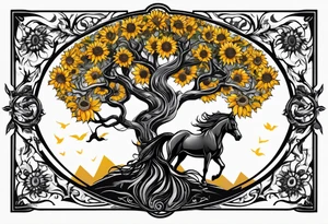 Yggdrasil tree, horse, sunflower tattoo idea
