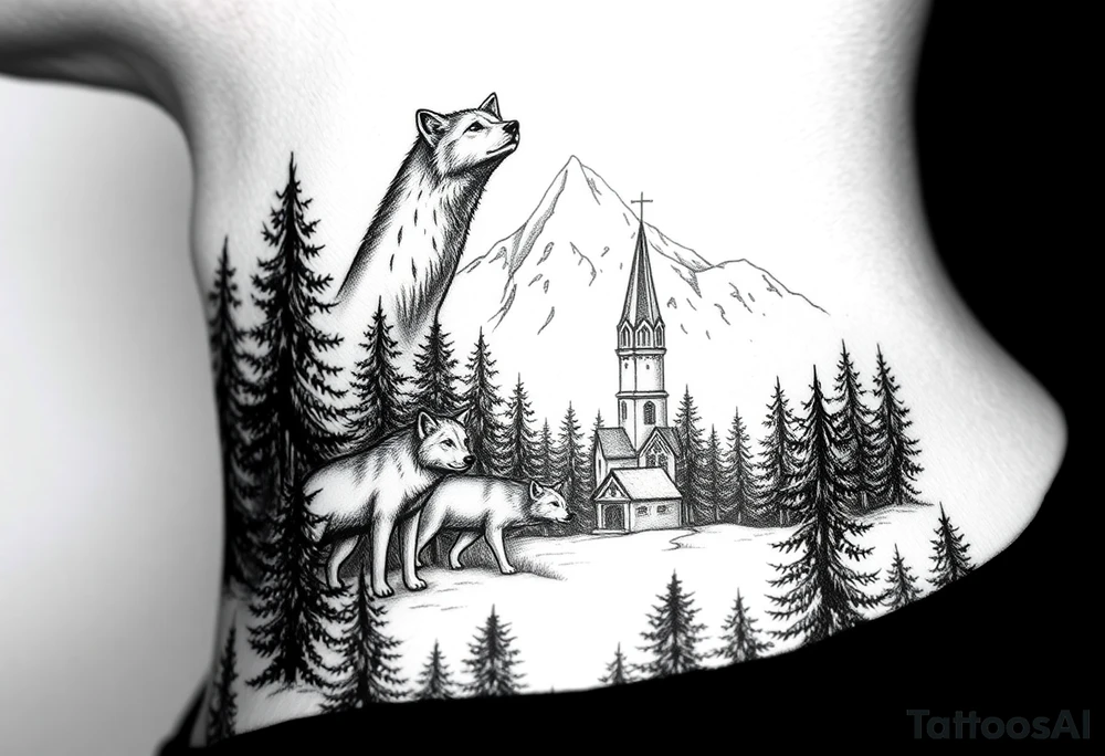 Nature/Landscape

Wolves in a pine forest (extending the tree line you already have)
A Russian bear emerging from the treeline
Snow-capped mountains behind the church scene tattoo idea