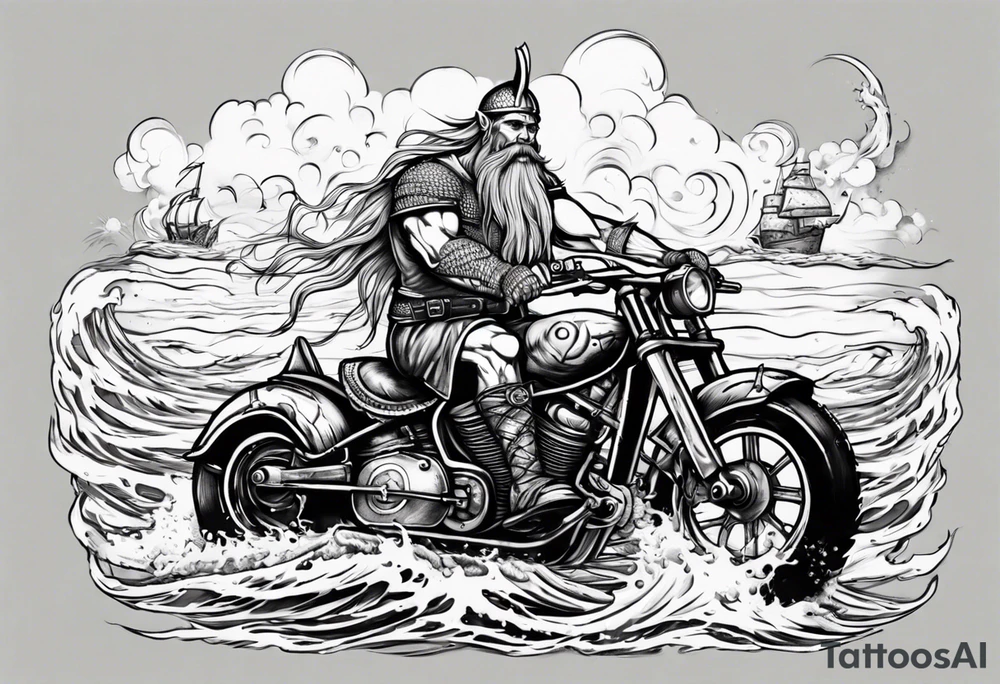 Viking on a motorcycle riding along the ocean tattoo idea