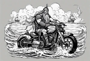 Viking on a motorcycle riding along the ocean tattoo idea