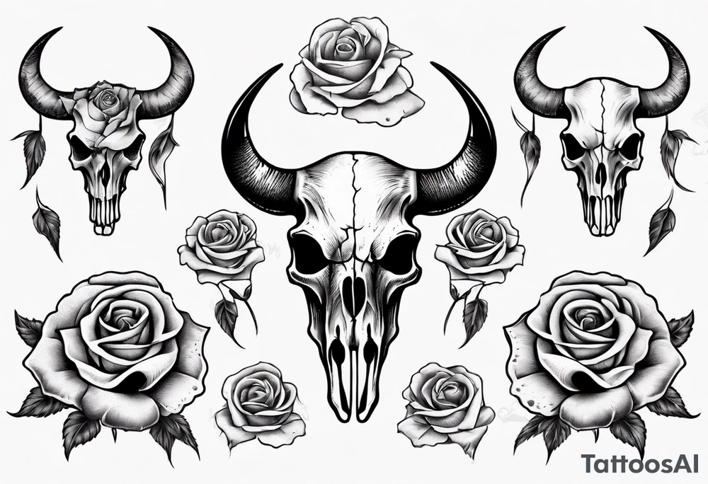 bulls skull with roses tattoo idea