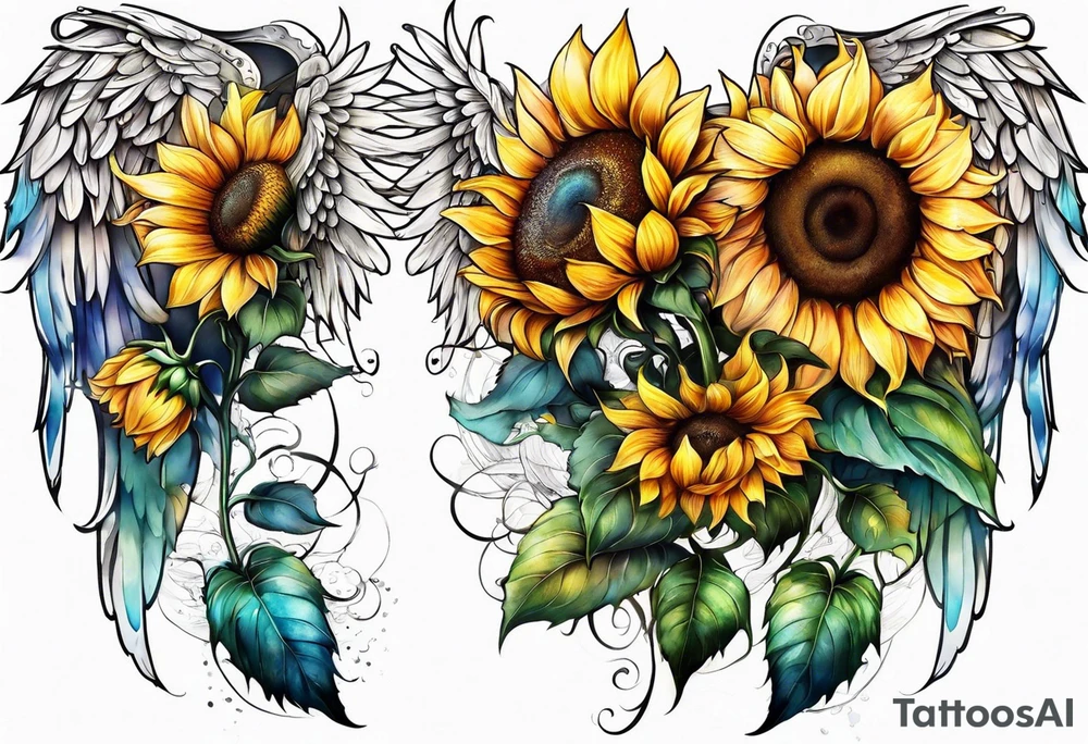 Sunflowers and angel wings leg sleeve tattoo idea