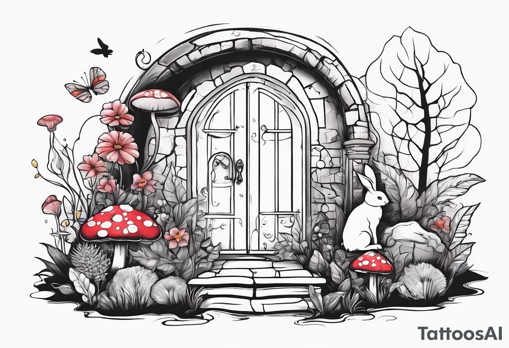 Mystical garden with door and potions and a rabbit and flowers and mushrooms tattoo idea