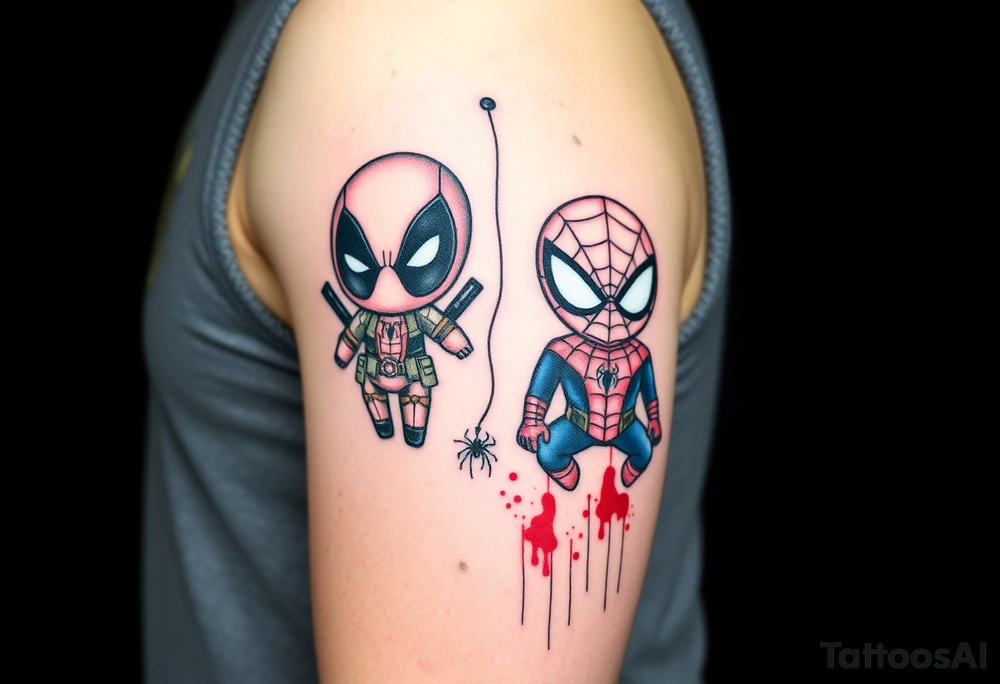 Project: Upper Arm Half-Sleeve Tattoo (Chibi Marvel Duo)
Placement: Upper Arm (Shoulder cap down to just above the elbow)
Reference Images: Chibi Deadpool (Image 1) and Chibi Spider-Man (Image 2)
Design Request & Layout:
* Please stack the characters dynamically to fit my upper arm. I'd like Deadpool positioned near the top/shoulder cap, and Spider-Man sitting near the bottom/above the elbow.
* Use the dangling spider and its web thread, along with loose, energetic construction lines, to transition between the two characters and wrap the design around the arm.
Art & Color Style:
* Linework: Please harmonize both characters into a singular, unified style—blending Deadpool's clean comic ink lines with Spider-Man's raw, cross-hatched sketchbook aesthetic.
* Color: The base of the tattoo should be gritty black-and-grey sketch shading. However, I want vibrant pops of red on their suits.
* The Splatter Effect: Instead of keeping the red cleanly inside the lines, please style the red color as a loose, dynamic watercolor/ink splatter effect that bursts out past their outlines and fades into the negative skin space. tattoo idea