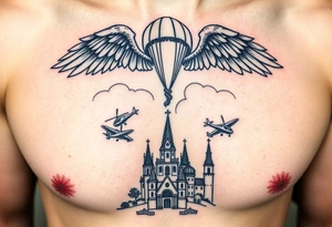 tattoo on the left side of the chest, paratrooper wings in the clouds with mi17 helicopters and paratroopers on their feet and below the church of cyril and methodius from prague tattoo idea