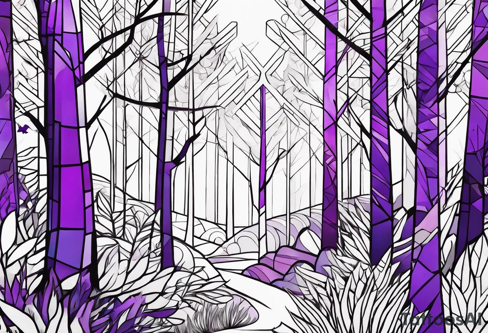 forest, lineswork, purple and black tattoo idea