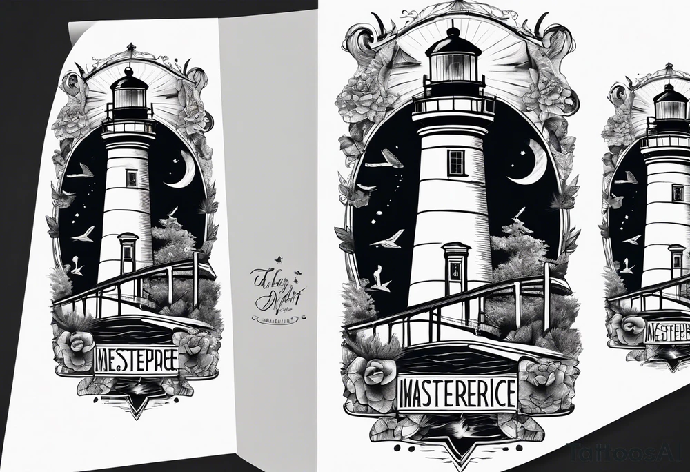 Leg Sleeve with a bridge , lighthouse , binoculars , puzzle pieces , and quote tattoo idea