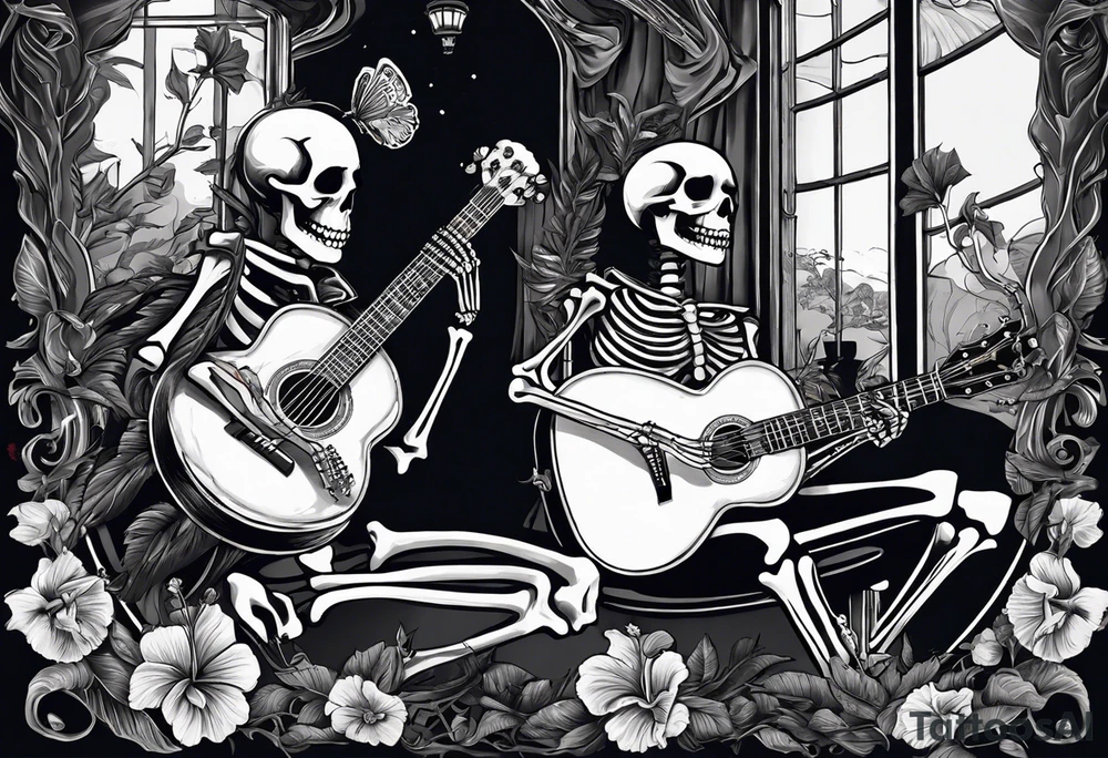 a female skeleton holding a hibiscus flower and a male skeleton playing a guitar. The scene should capture a moment of connection between the two, with the female skeleton attentively listening to the music played by the male skeleton. tattoo idea