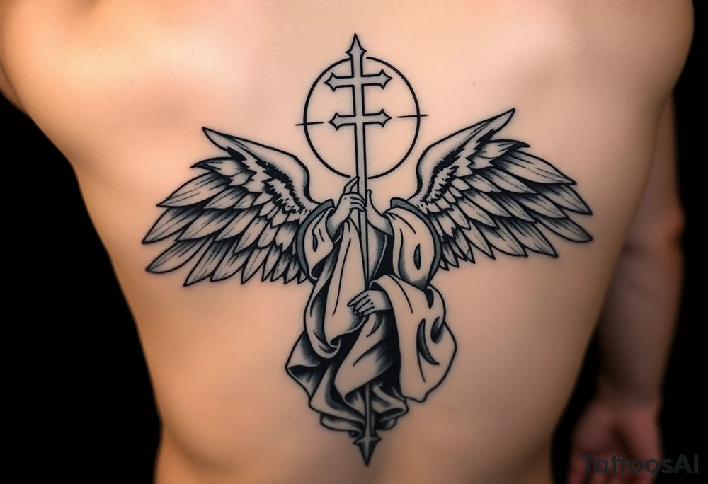 Female leg sleeve theme catholic tattoo idea