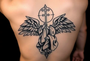 Female leg sleeve theme catholic tattoo idea