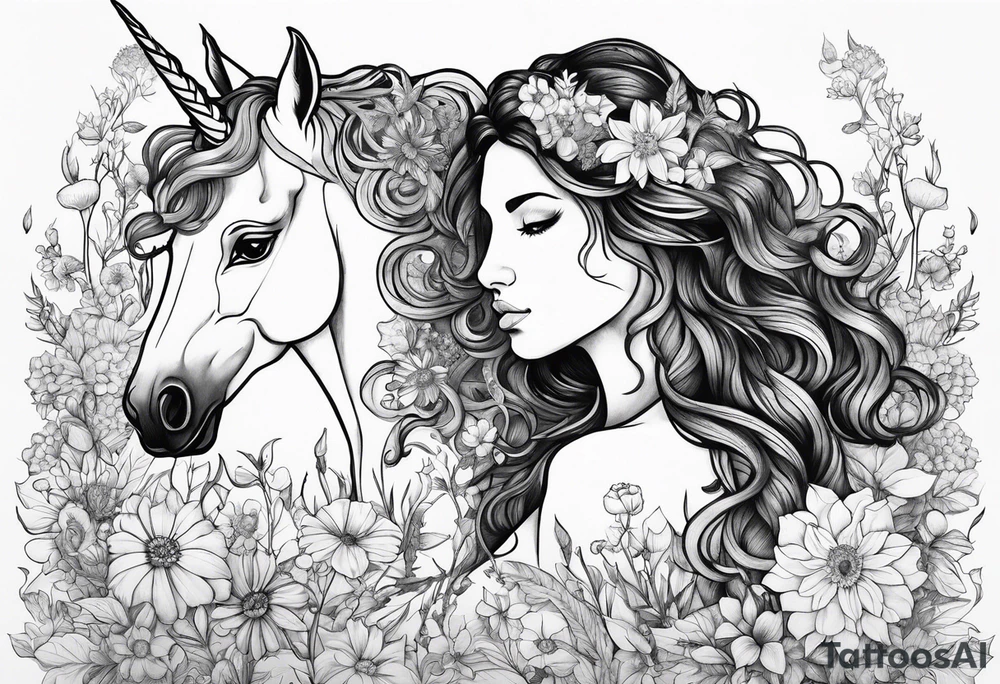 wildflowers and unicorn and warrior curly hair princess half sleeve tattoo idea