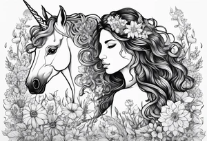 wildflowers and unicorn and warrior curly hair princess half sleeve tattoo idea