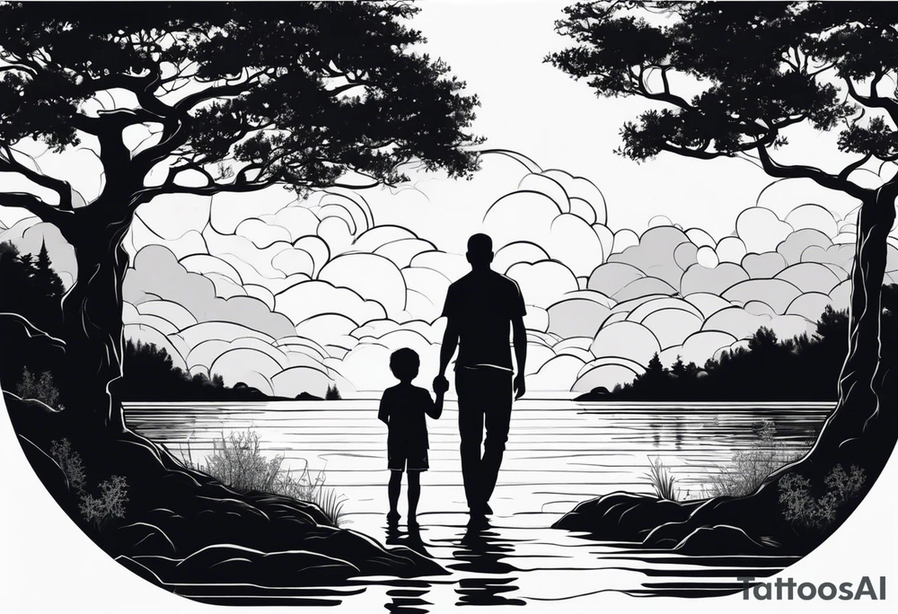 Silhouette of father standing in between daughter and younger son in front of water with tree and shading background tattoo idea